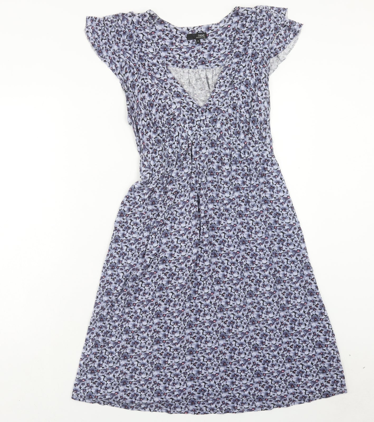 NEXT Womens Blue Floral Viscose Fit & Flare Size 12 V-Neck Pullover