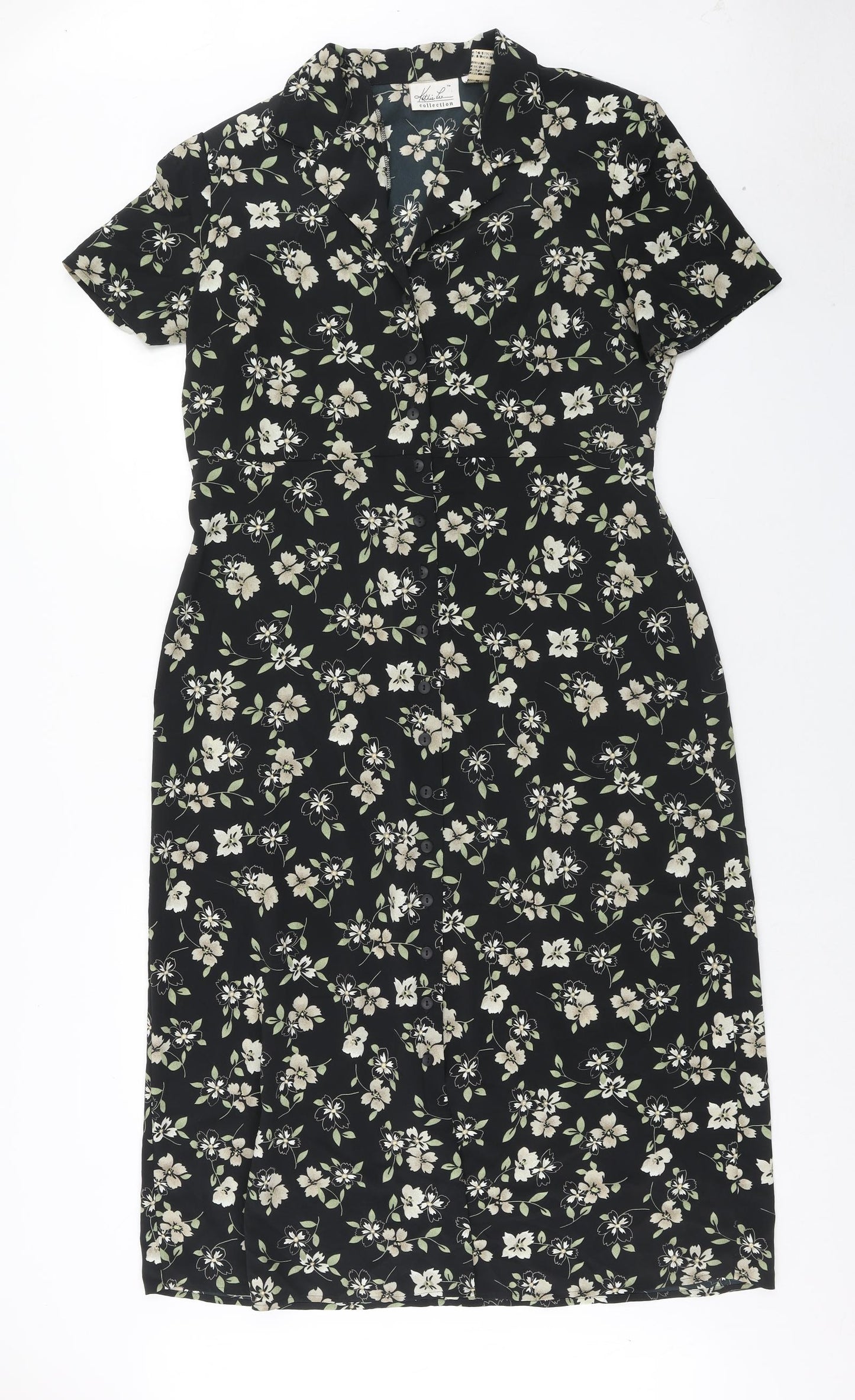 Katie Lee Womens Black Floral Polyester Shirt Dress Size 14 Collared Button