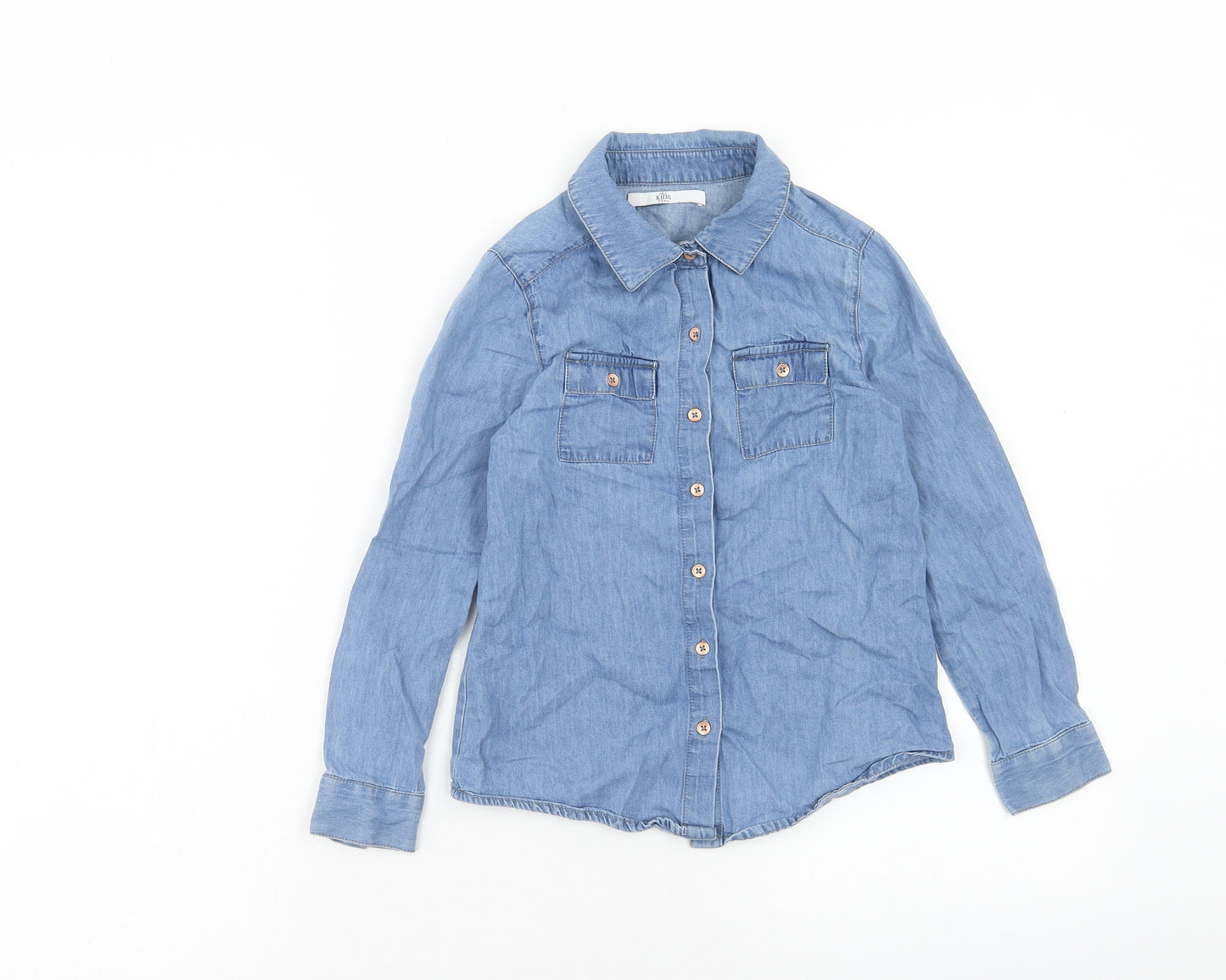 Marks and Spencer Girls Blue Cotton Basic Button-Up Size 7-8 Years V-Neck Button