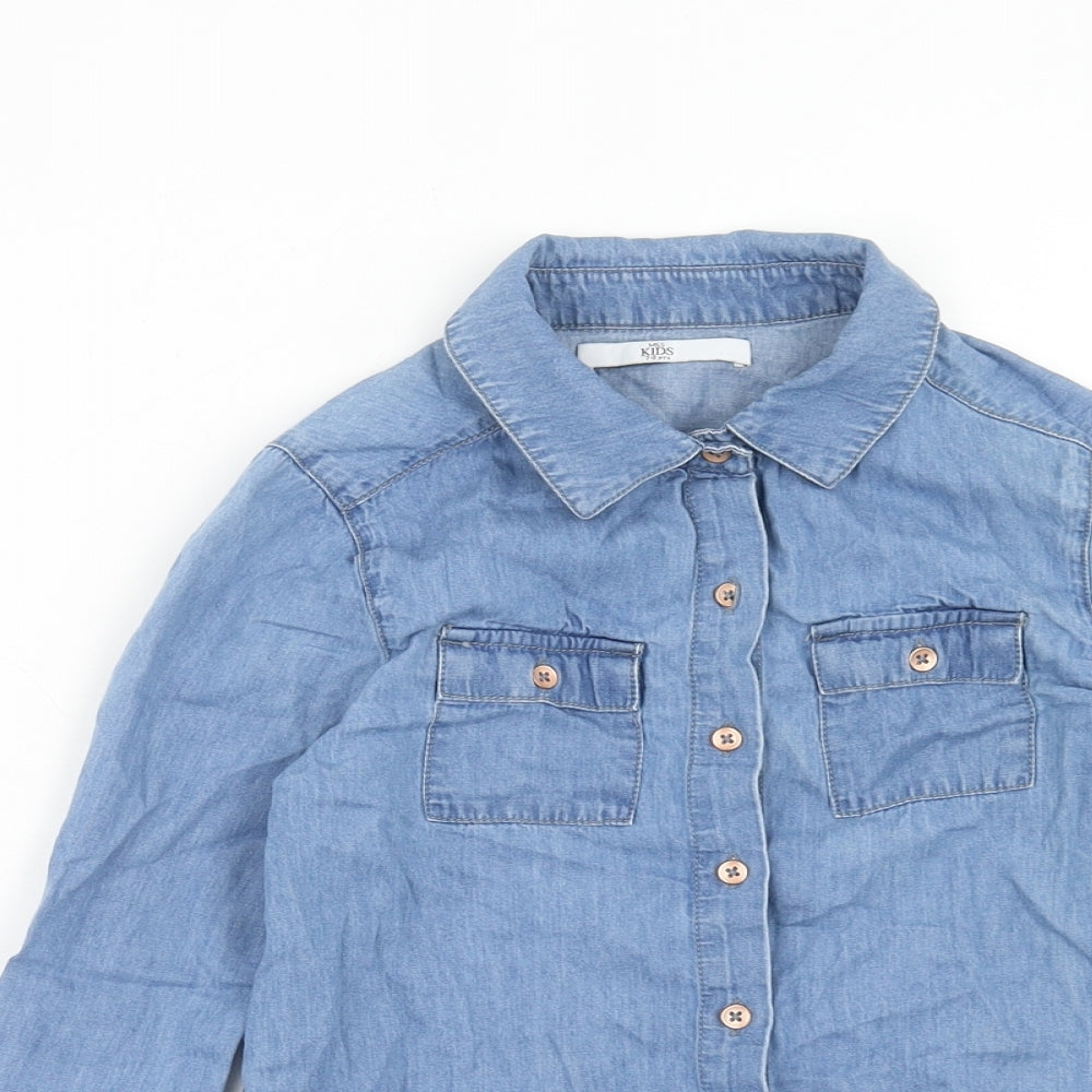 Marks and Spencer Girls Blue Cotton Basic Button-Up Size 7-8 Years V-Neck Button