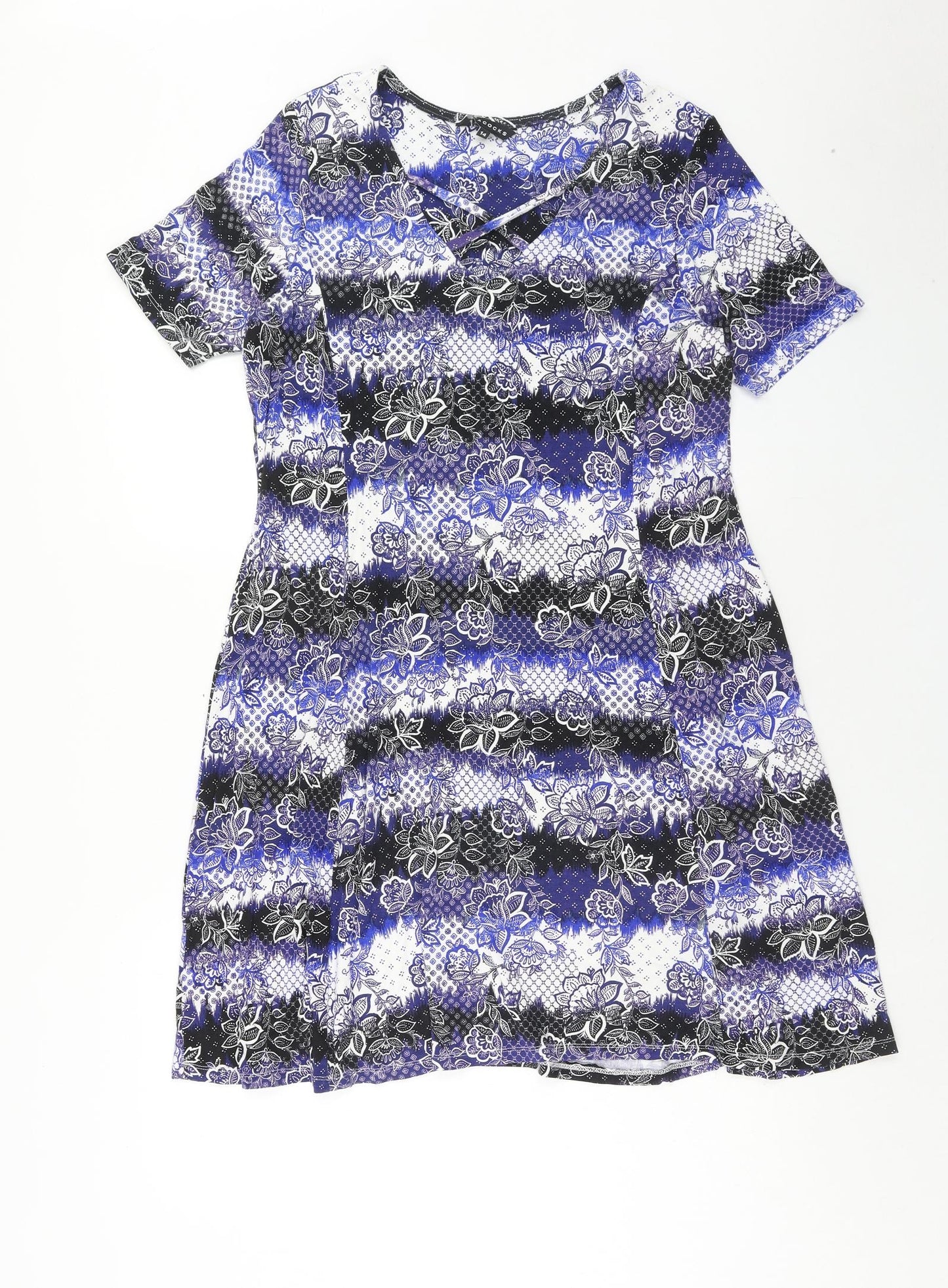 Peacocks Womens Blue Floral Viscose Skater Dress Size 14 V-Neck Pullover