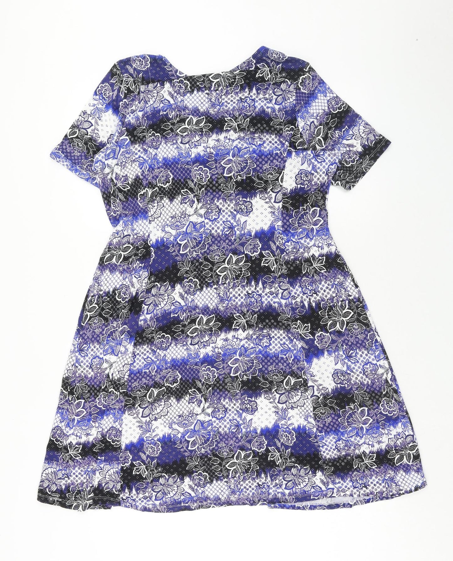 Peacocks Womens Blue Floral Viscose Skater Dress Size 14 V-Neck Pullover