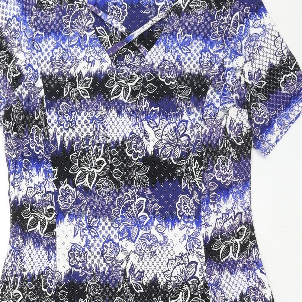 Peacocks Womens Blue Floral Viscose Skater Dress Size 14 V-Neck Pullover