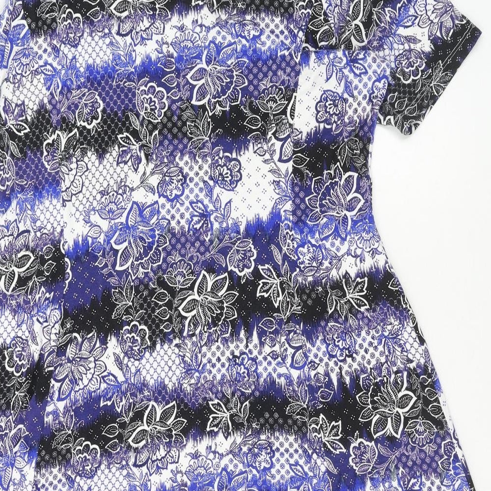Peacocks Womens Blue Floral Viscose Skater Dress Size 14 V-Neck Pullover