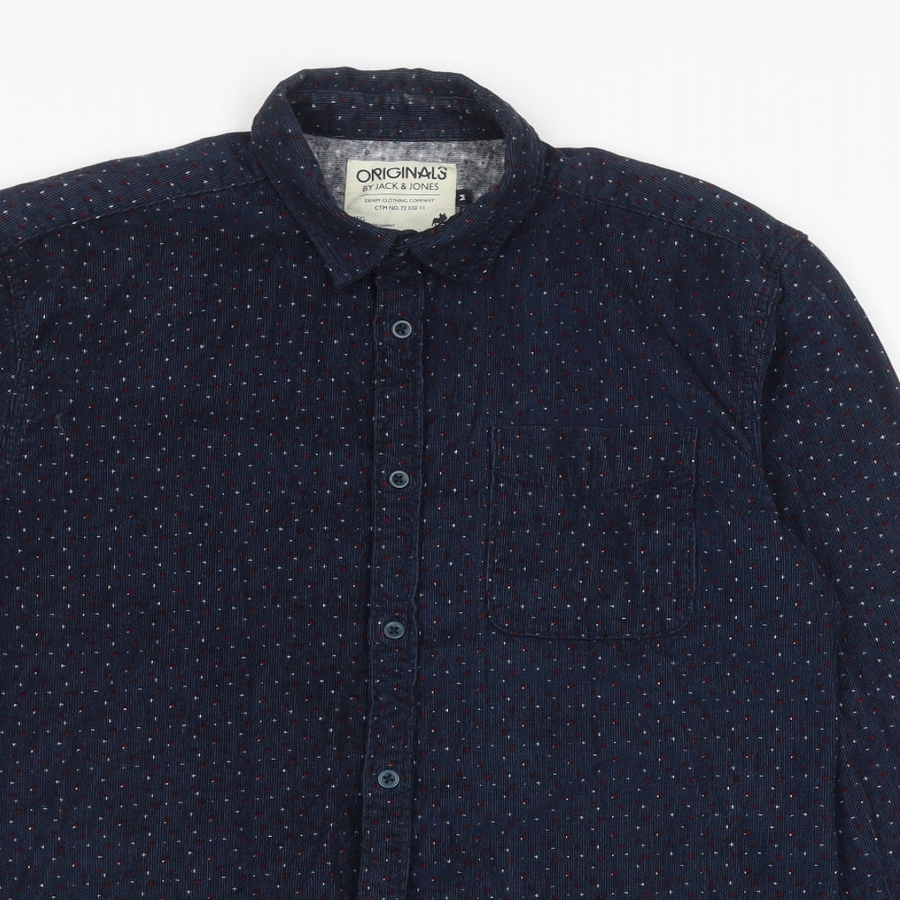 JACK & JONES Mens Blue Geometric Cotton Button-Up Size M Collared Button