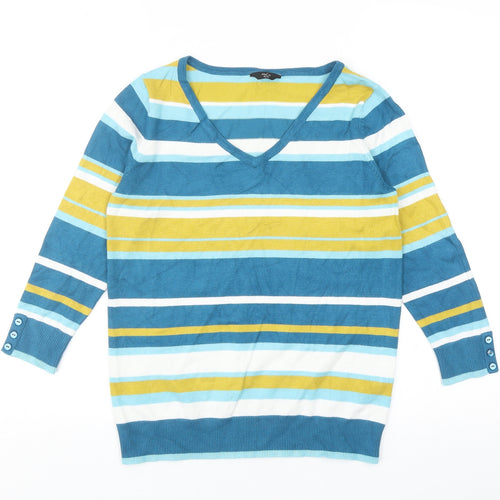 M&Co Womens Blue Round Neck Striped Viscose Pullover Jumper Size 10
