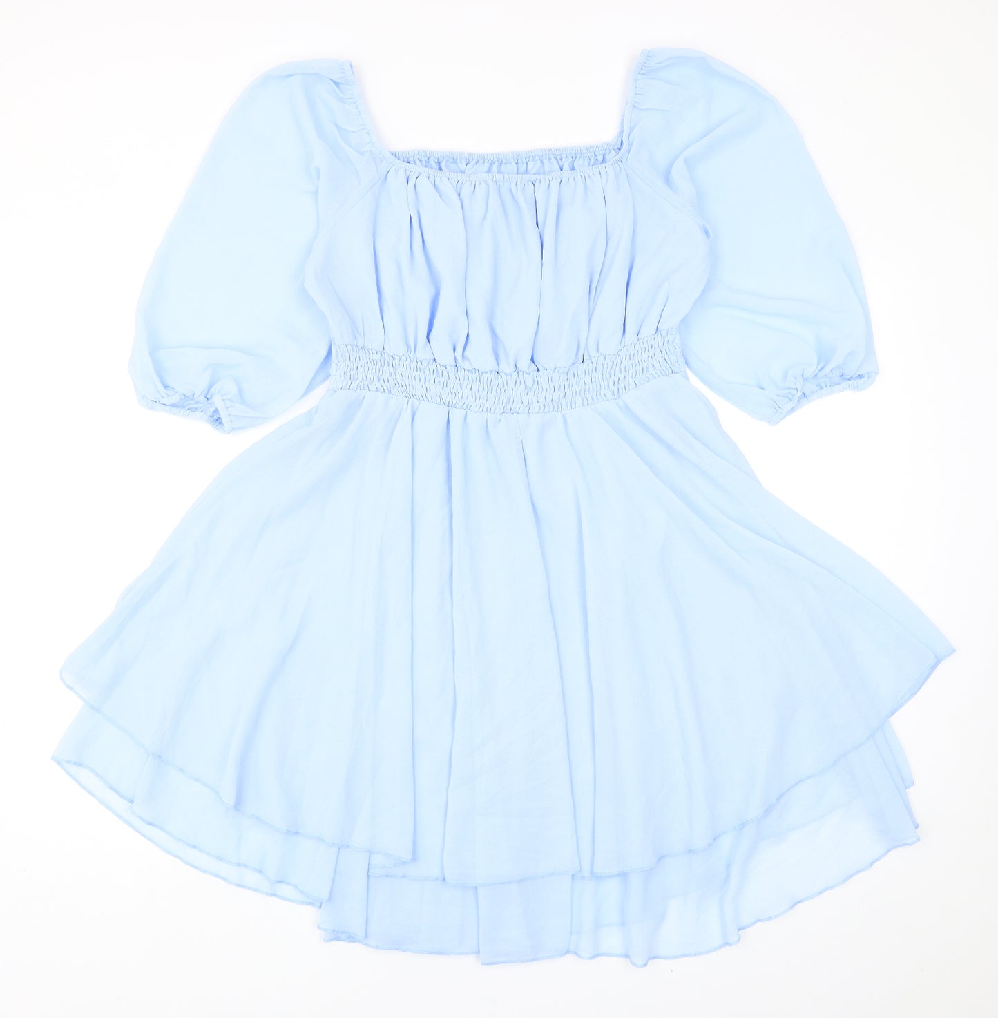 Preworn Womens Blue Polyester Skater Dress Size S Square Neck Pullover - Shirred Waist