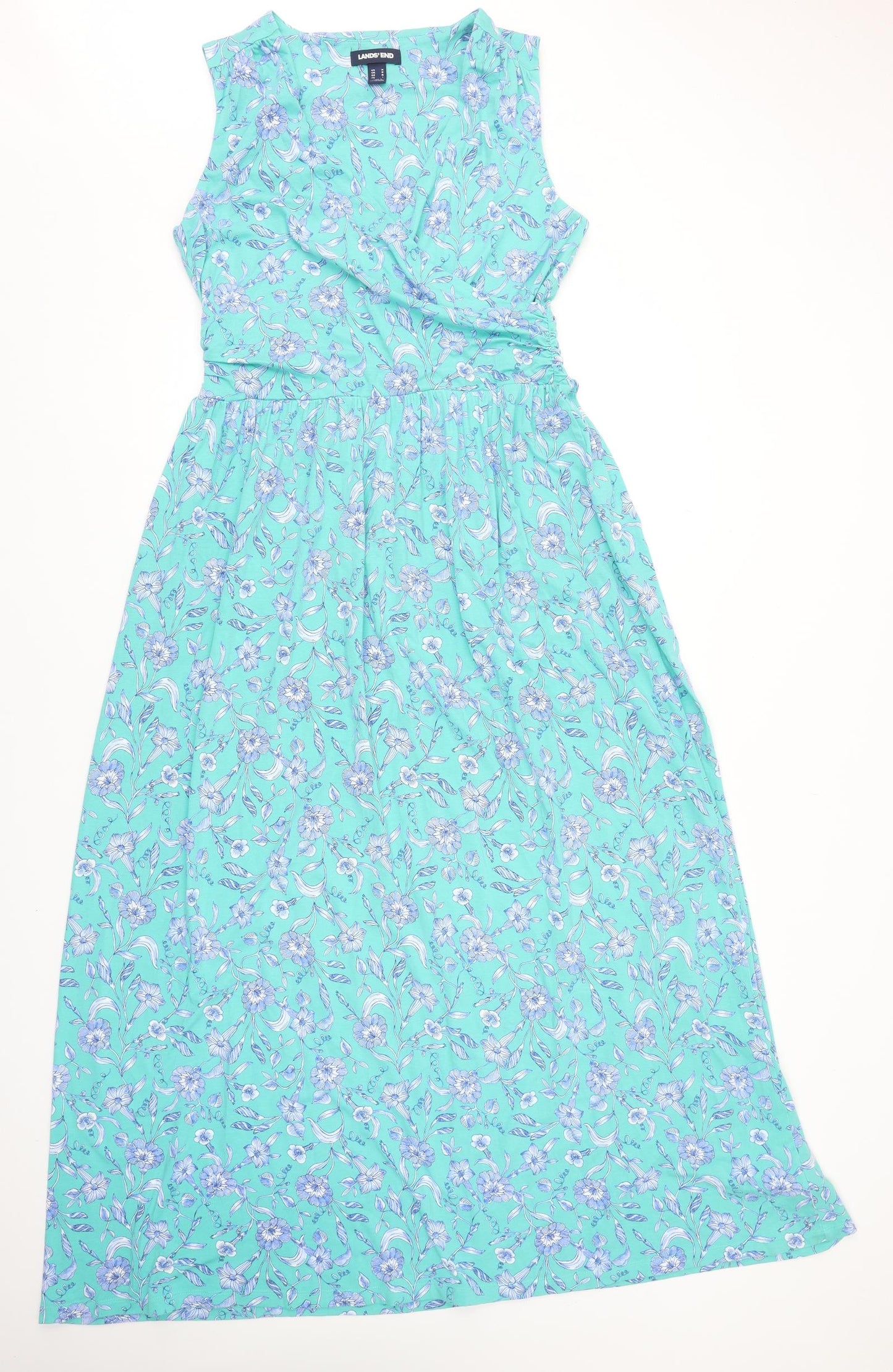 Lands' End Womens Green Floral Cotton Maxi Size M V-Neck Pullover