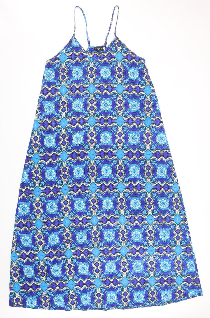 Topshop Womens Blue Geometric Polyester Slip Dress Size M V-Neck Pullover