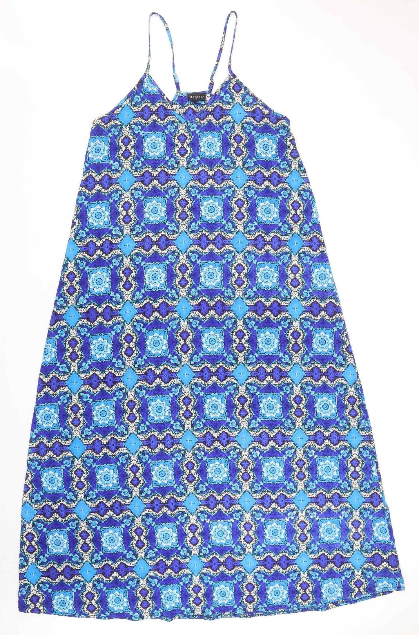 Topshop Womens Blue Geometric Polyester Slip Dress Size M V-Neck Pullover