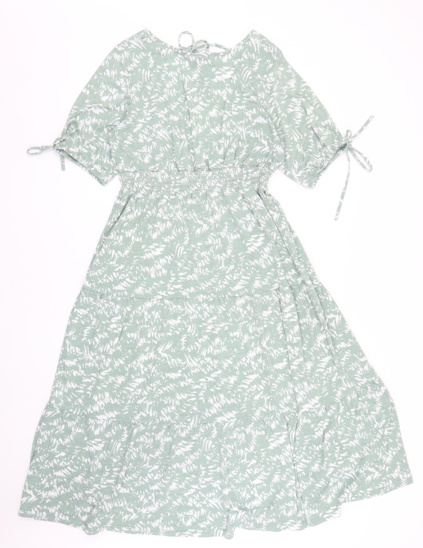 QED London Womens Green Geometric Polyester Fit & Flare Size 16 Boat Neck Tie - Sleeve Tie Detail