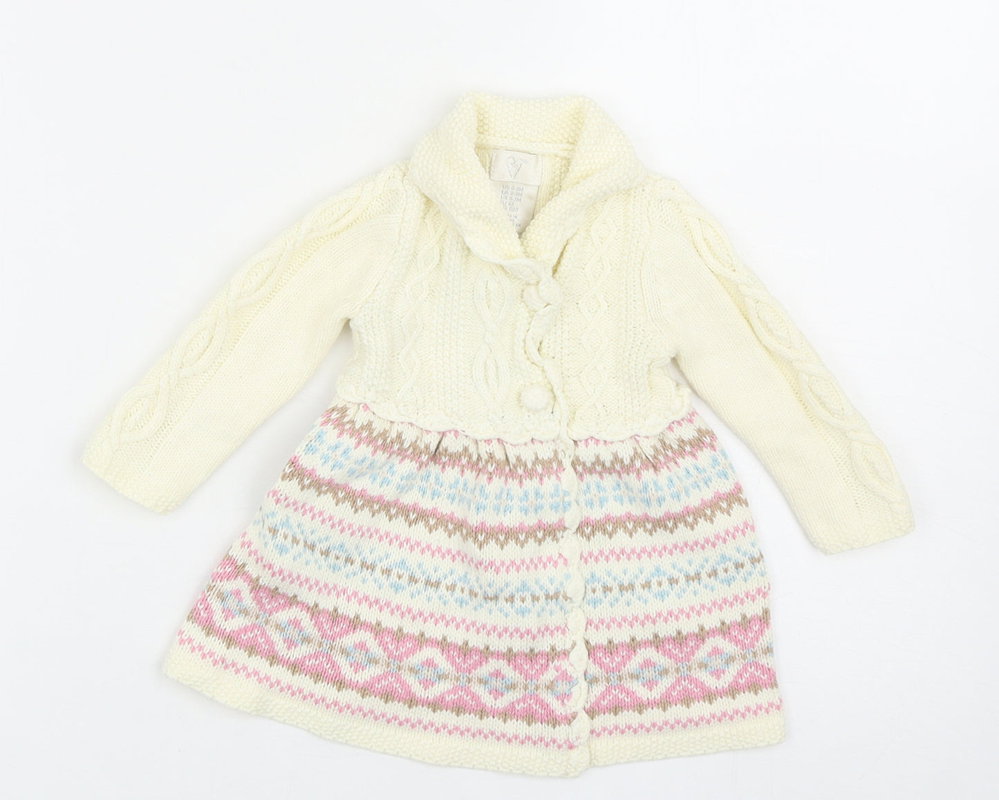 Preworn Girls Ivory Fair Isle Cotton Wrap Dress Size 0-3 Months V-Neck Button