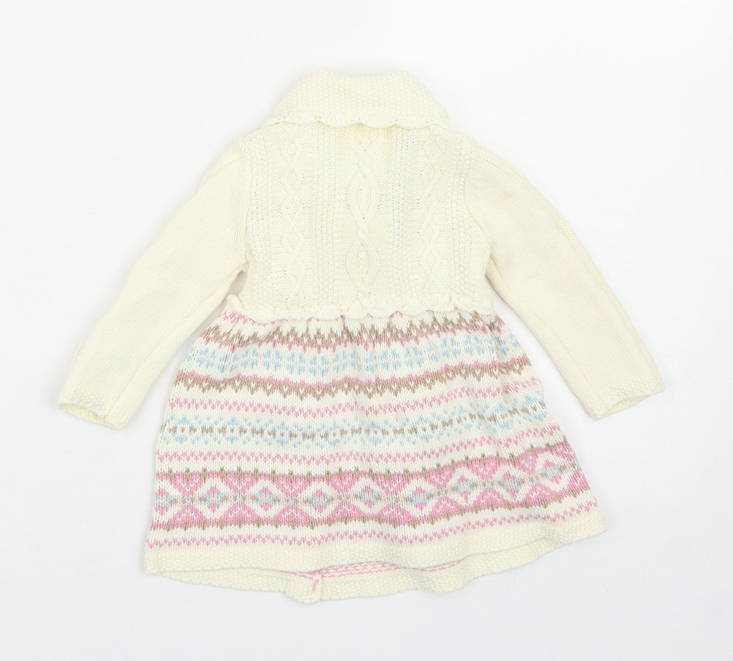 Preworn Girls Ivory Fair Isle Cotton Wrap Dress Size 0-3 Months V-Neck Button