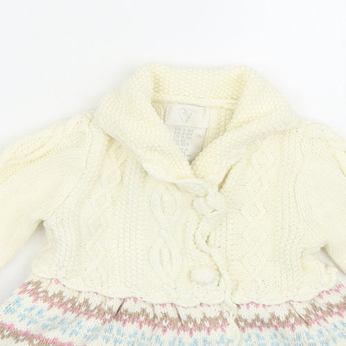 Preworn Girls Ivory Fair Isle Cotton Wrap Dress Size 0-3 Months V-Neck Button