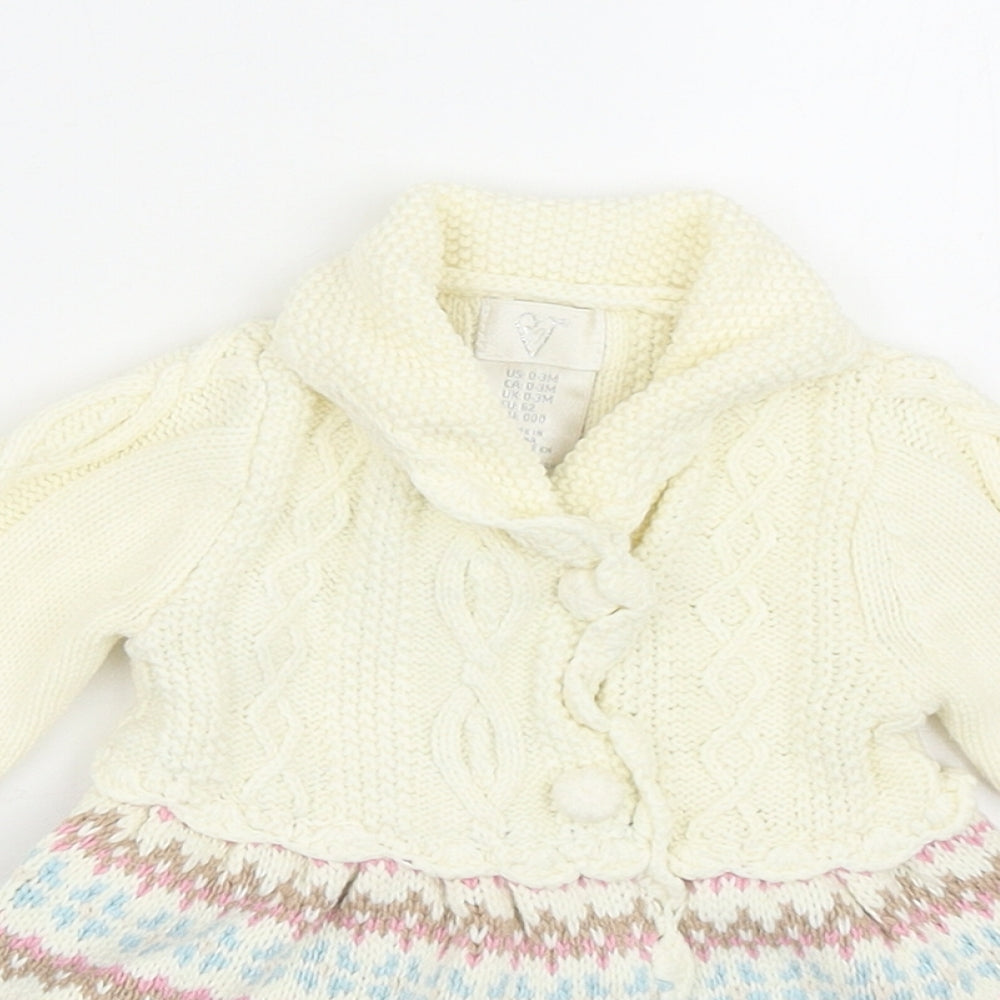 Preworn Girls Ivory Fair Isle Cotton Wrap Dress Size 0-3 Months V-Neck Button