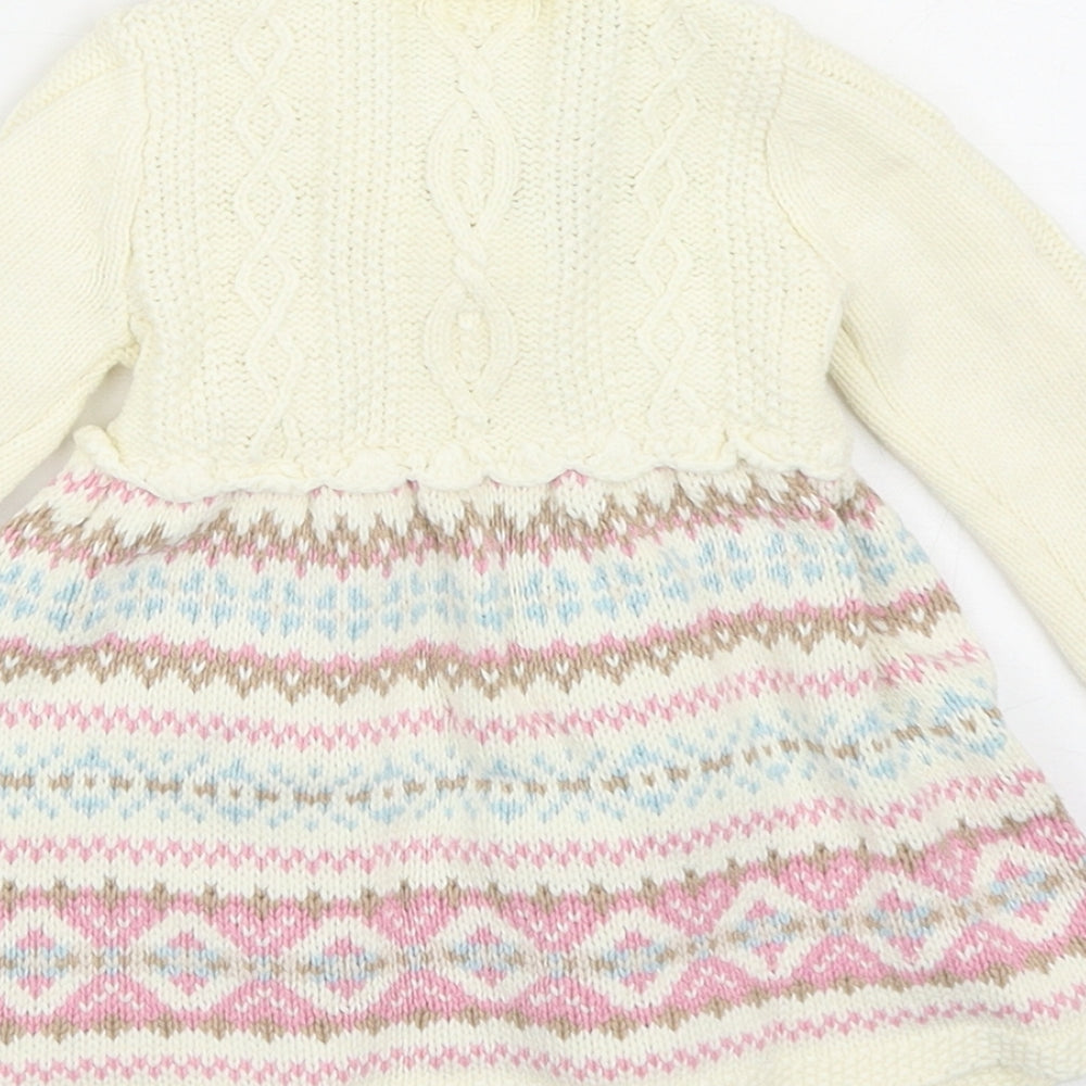 Preworn Girls Ivory Fair Isle Cotton Wrap Dress Size 0-3 Months V-Neck Button