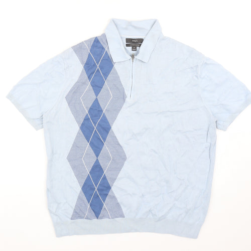 Marks and Spencer Mens Blue Argyle/Diamond Cotton Polo Size 2XL Collared Zip