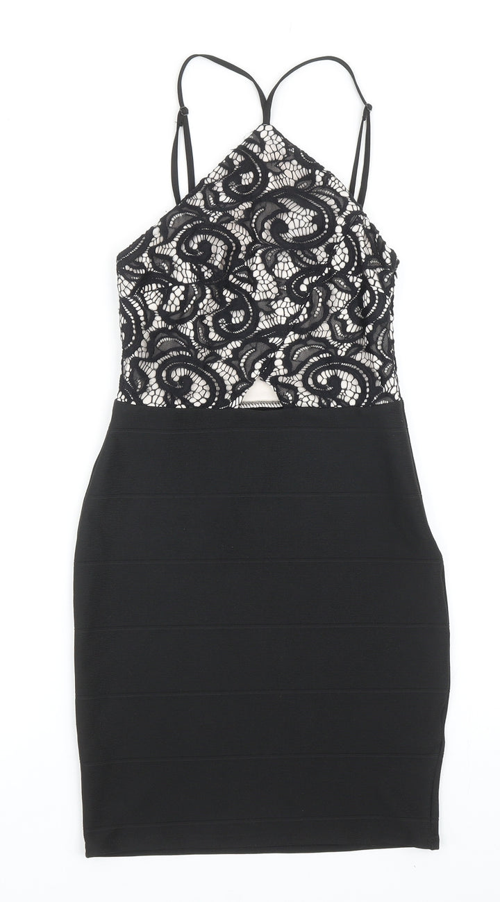 Lipsy Womens Black Floral Polyester Bodycon Size 6 Halter Zip