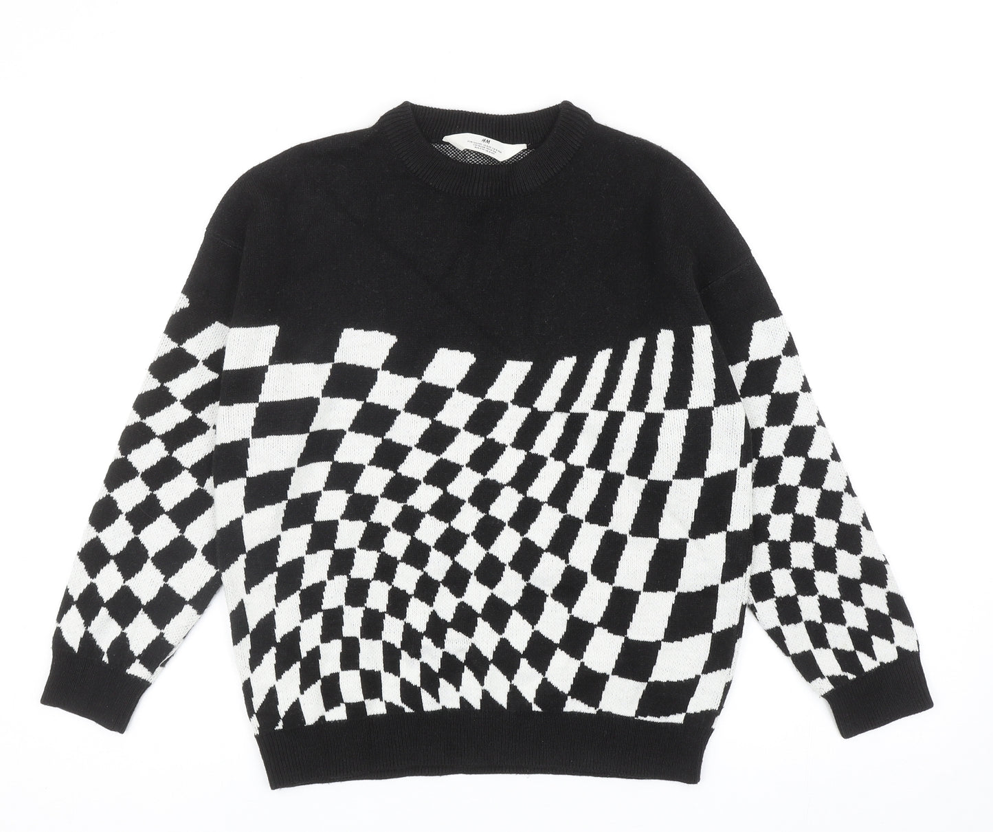 H&M Girls Black Round Neck Check Acrylic Pullover Jumper Size 8-9 Years Pullover