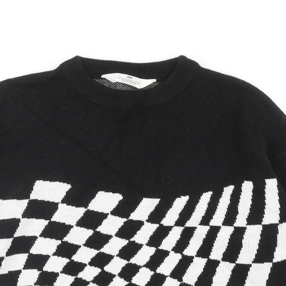 H&M Girls Black Round Neck Check Acrylic Pullover Jumper Size 8-9 Years Pullover