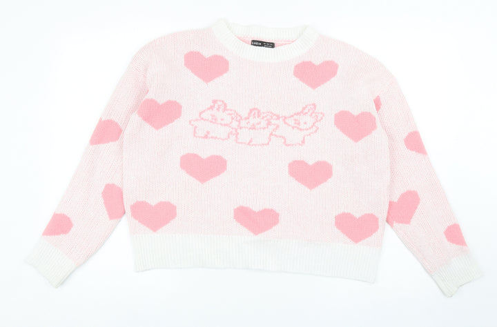 SheIn Womens Pink Round Neck Geometric Acrylic Pullover Jumper Size S
