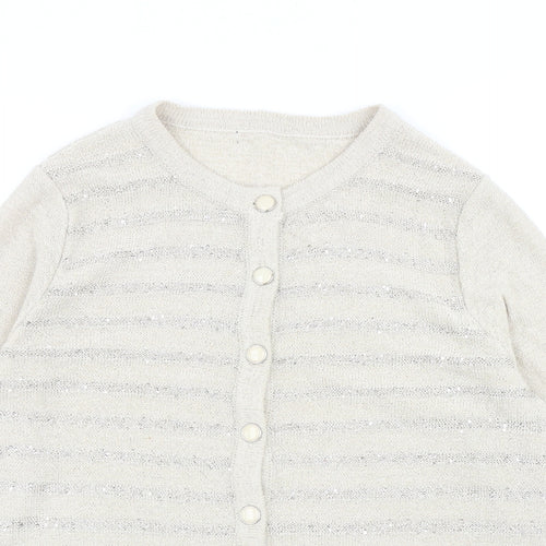 Preworn Womens Beige Round Neck Striped Acrylic Cardigan Jumper Size M