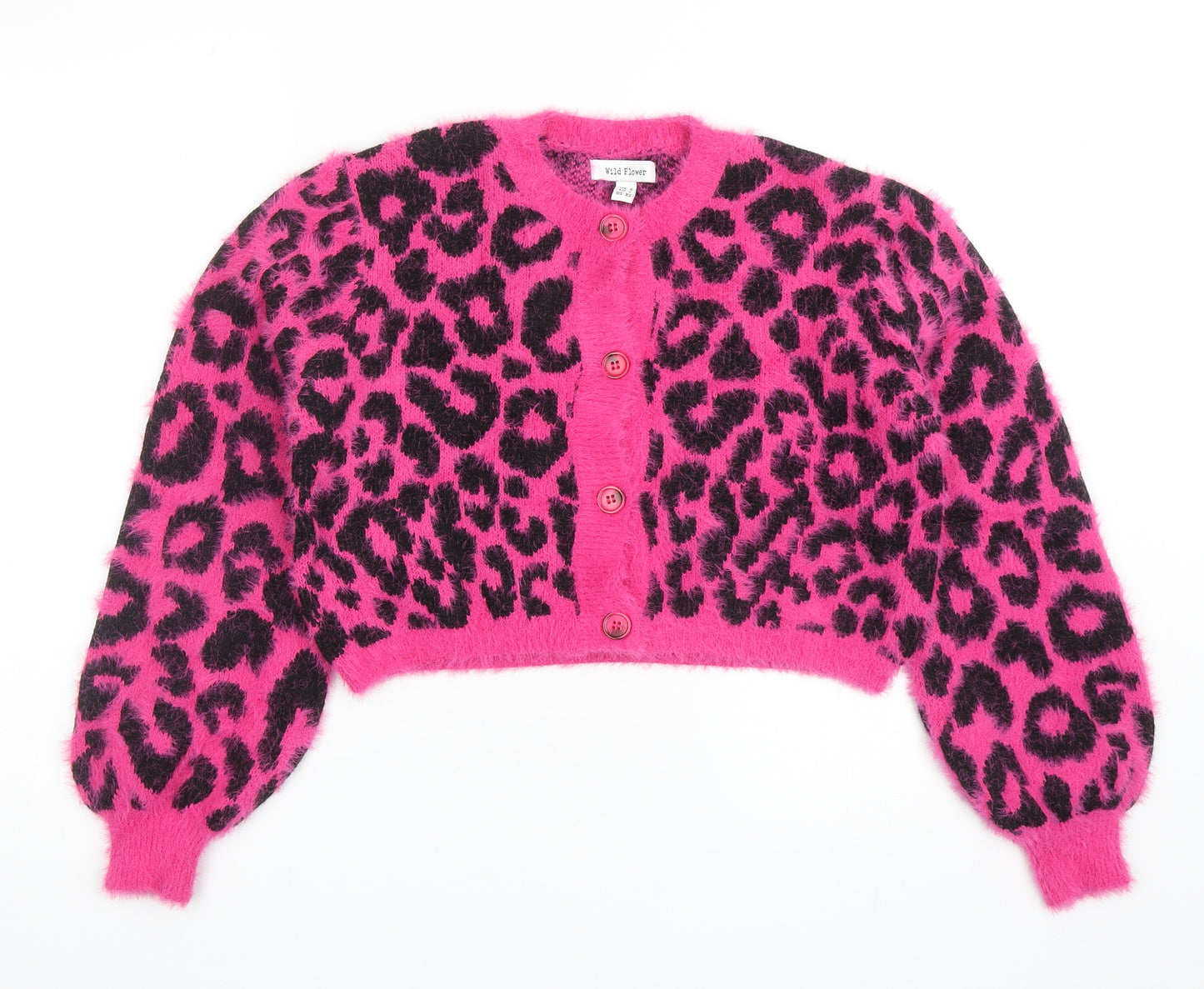 Wild Flower Womens Pink Round Neck Animal Print Acrylic Cardigan Jumper Size S