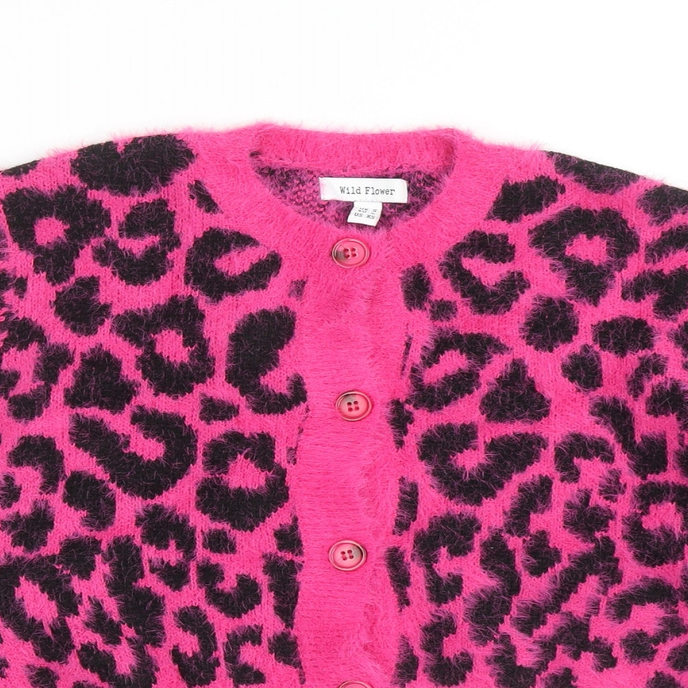 Wild Flower Womens Pink Round Neck Animal Print Acrylic Cardigan Jumper Size S