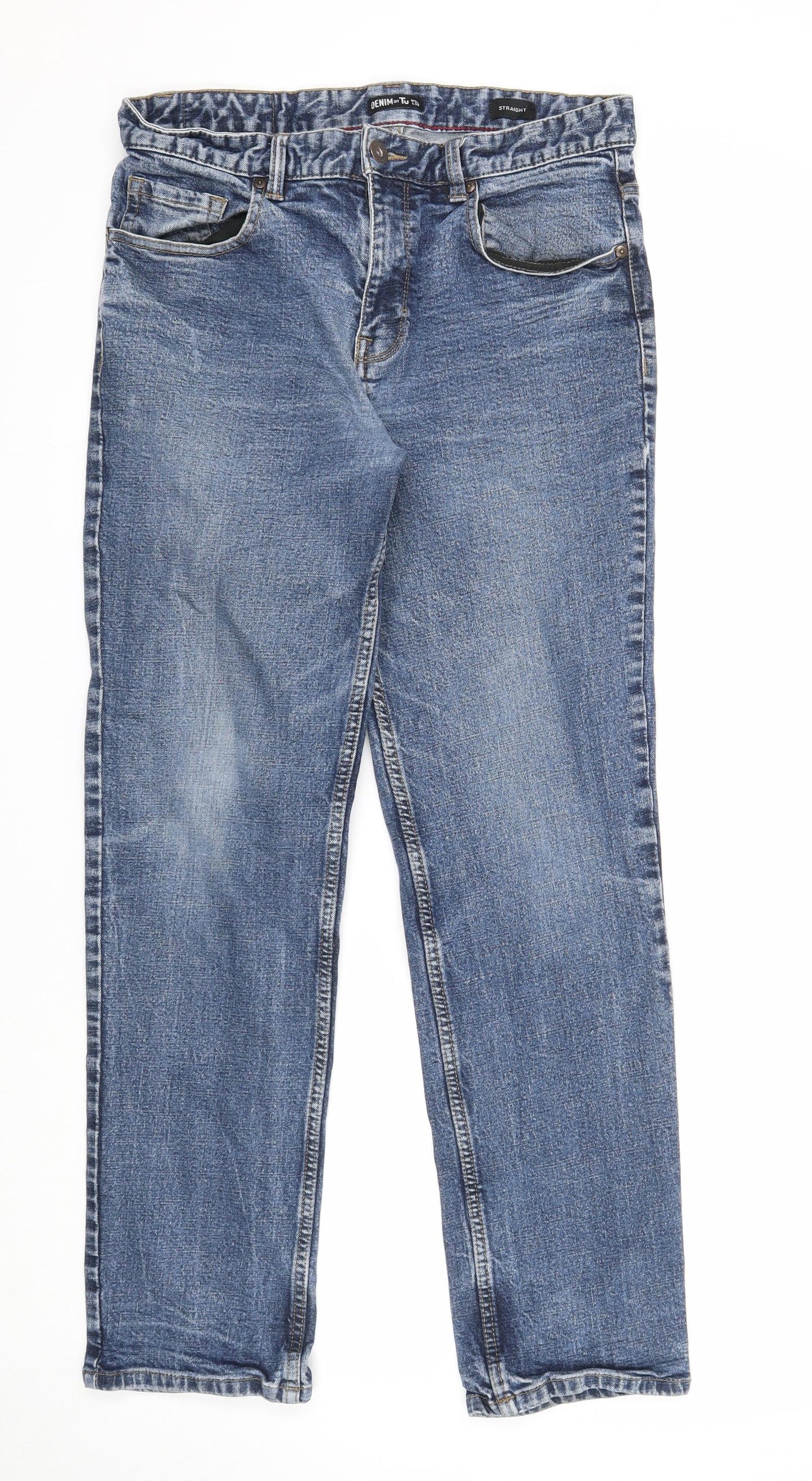 TU Mens Blue Cotton Straight Jeans Size 32 in L30 in Regular Zip
