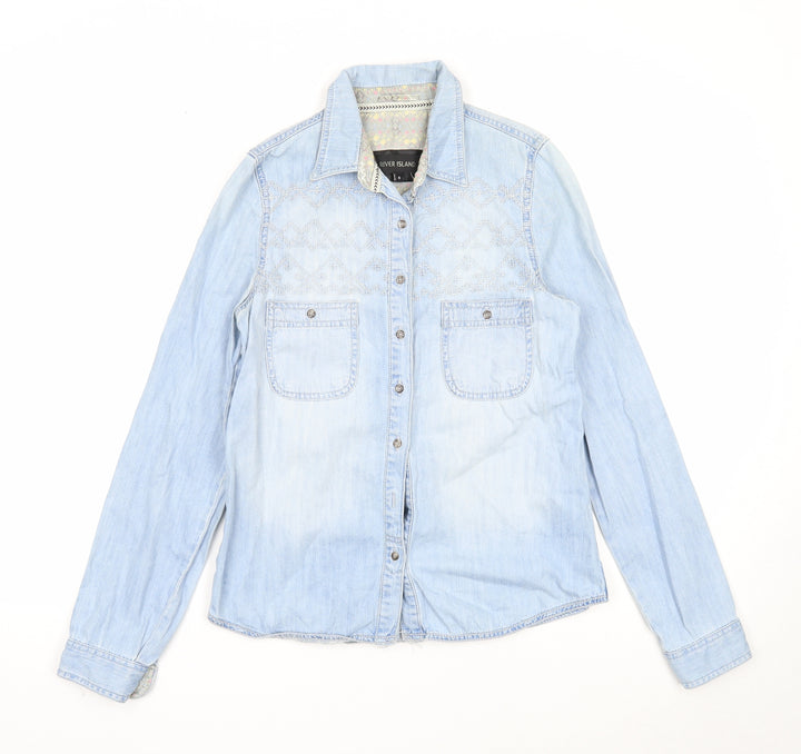 River Island Womens Blue Cotton Basic Button-Up Size 6 Collared