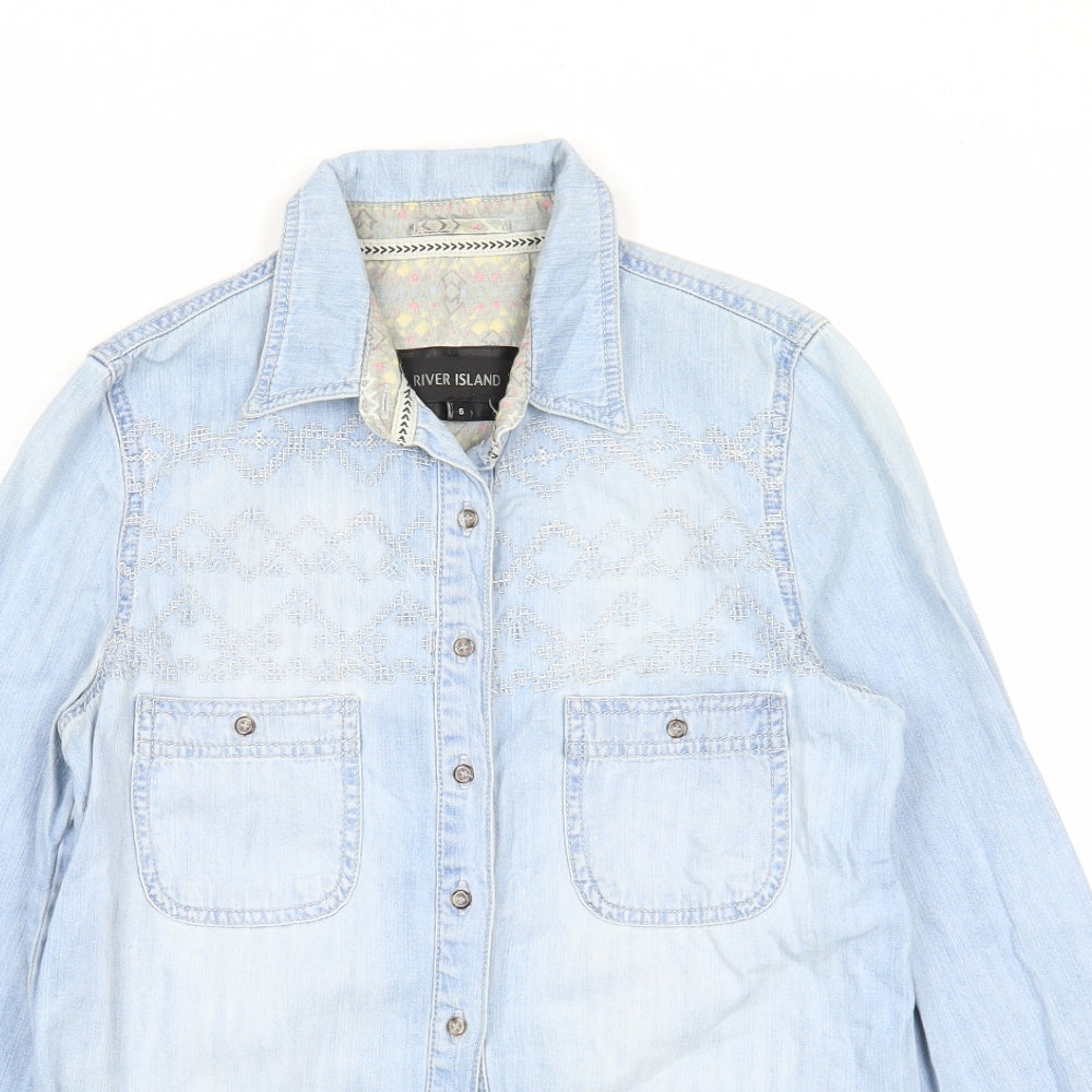 River Island Womens Blue Cotton Basic Button-Up Size 6 Collared