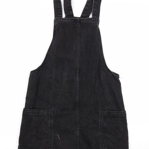 Denim & Co. Womens Black Cotton Pinafore/Dungaree Dress Size 8 Square Neck Button