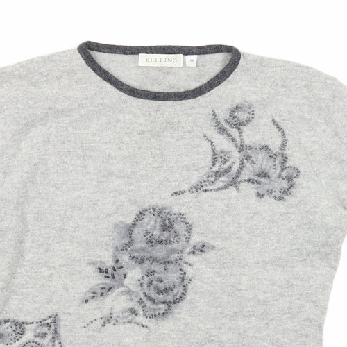 Bellino Womens Grey Round Neck Wool Pullover Jumper Size M - Floral