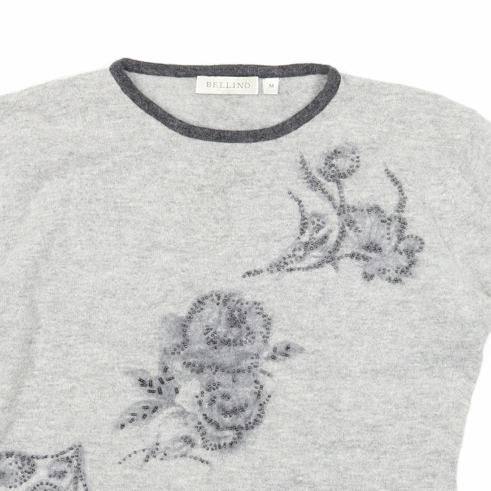 Bellino Womens Grey Round Neck Wool Pullover Jumper Size M - Floral
