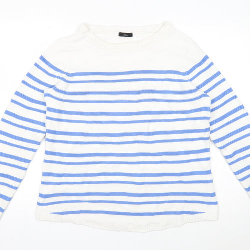 M&Co Womens White Round Neck Striped Cotton Pullover Jumper Size 14