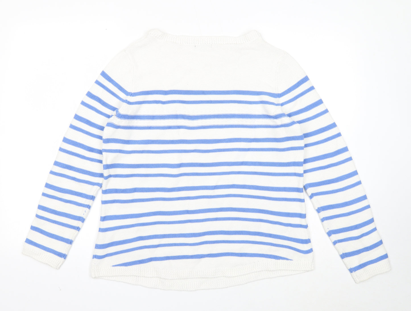 M&Co Womens White Round Neck Striped Cotton Pullover Jumper Size 14