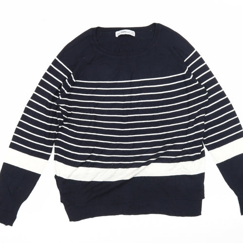 Zara Mens Blue Round Neck Striped Viscose Pullover Jumper Size S