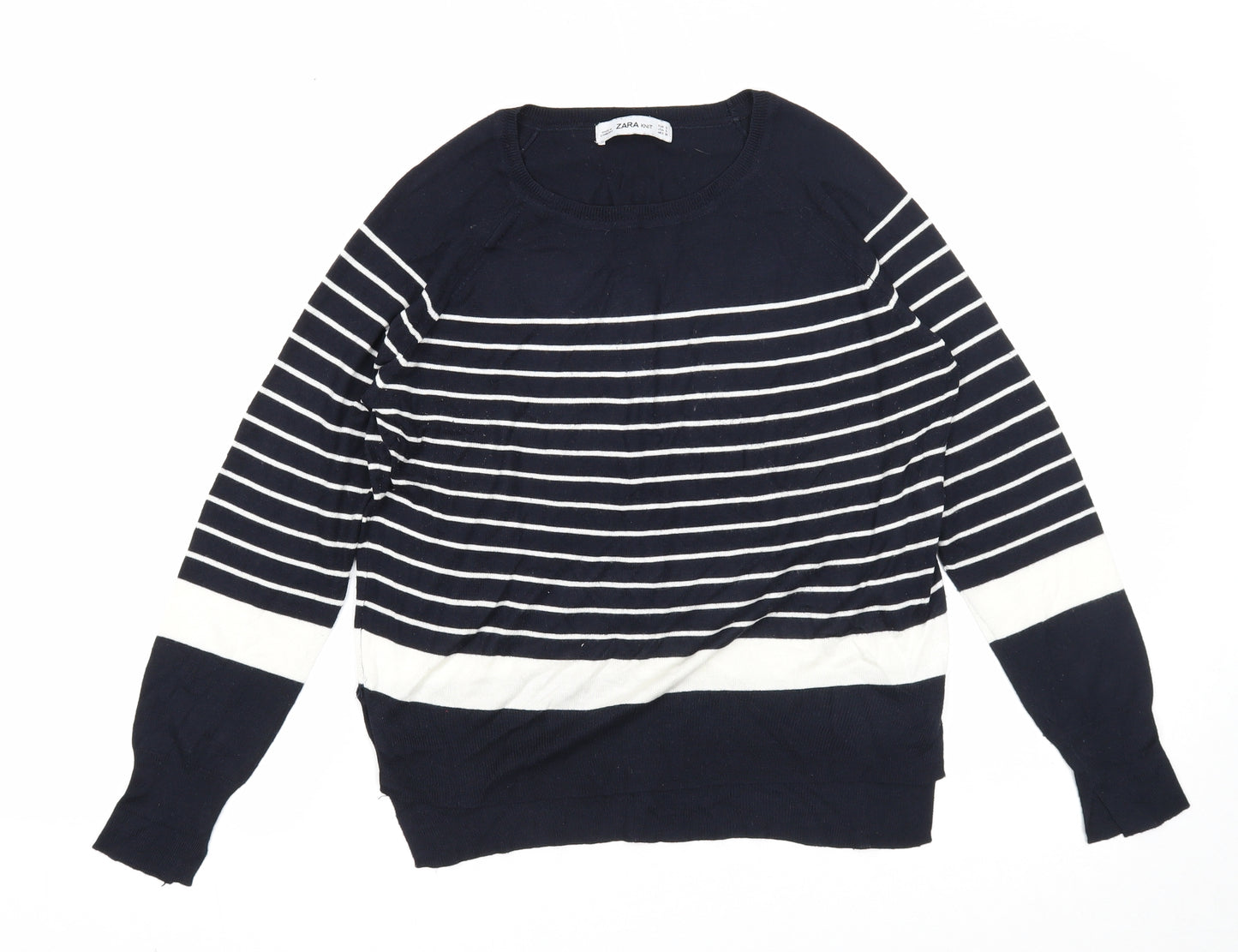 Zara Mens Blue Round Neck Striped Viscose Pullover Jumper Size S