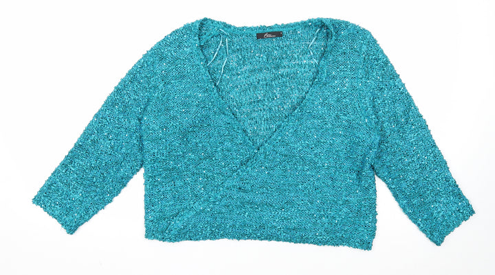 Bonmarché Womens Blue V-Neck Polyester Pullover Jumper Size M