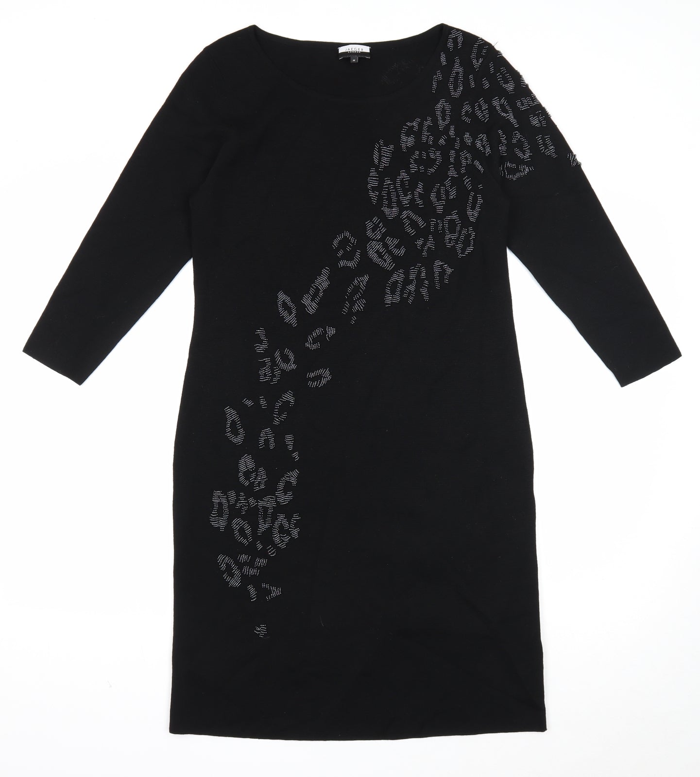 Jaeger Womens Black Animal Print Wool Jumper Dress Size M Boat Neck Pullover - Leopard Print