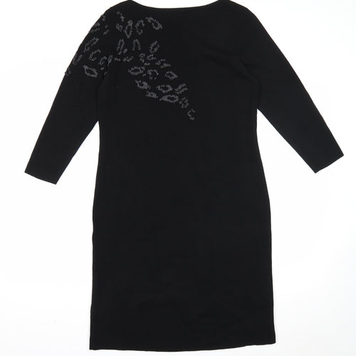 Jaeger Womens Black Animal Print Wool Jumper Dress Size M Boat Neck Pullover - Leopard Print