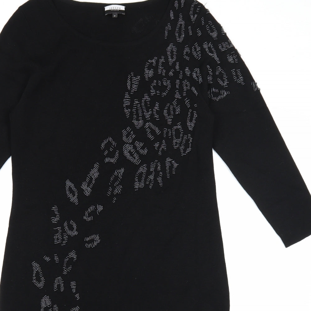 Jaeger Womens Black Animal Print Wool Jumper Dress Size M Boat Neck Pullover - Leopard Print