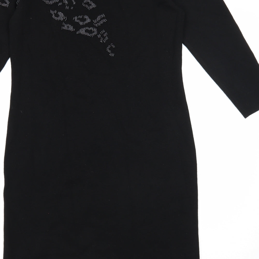 Jaeger Womens Black Animal Print Wool Jumper Dress Size M Boat Neck Pullover - Leopard Print
