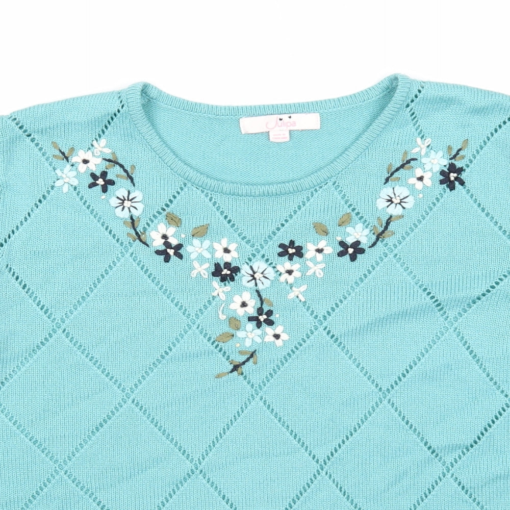 Julipa Womens Blue Round Neck Acrylic Pullover Jumper Size 16 - Floral