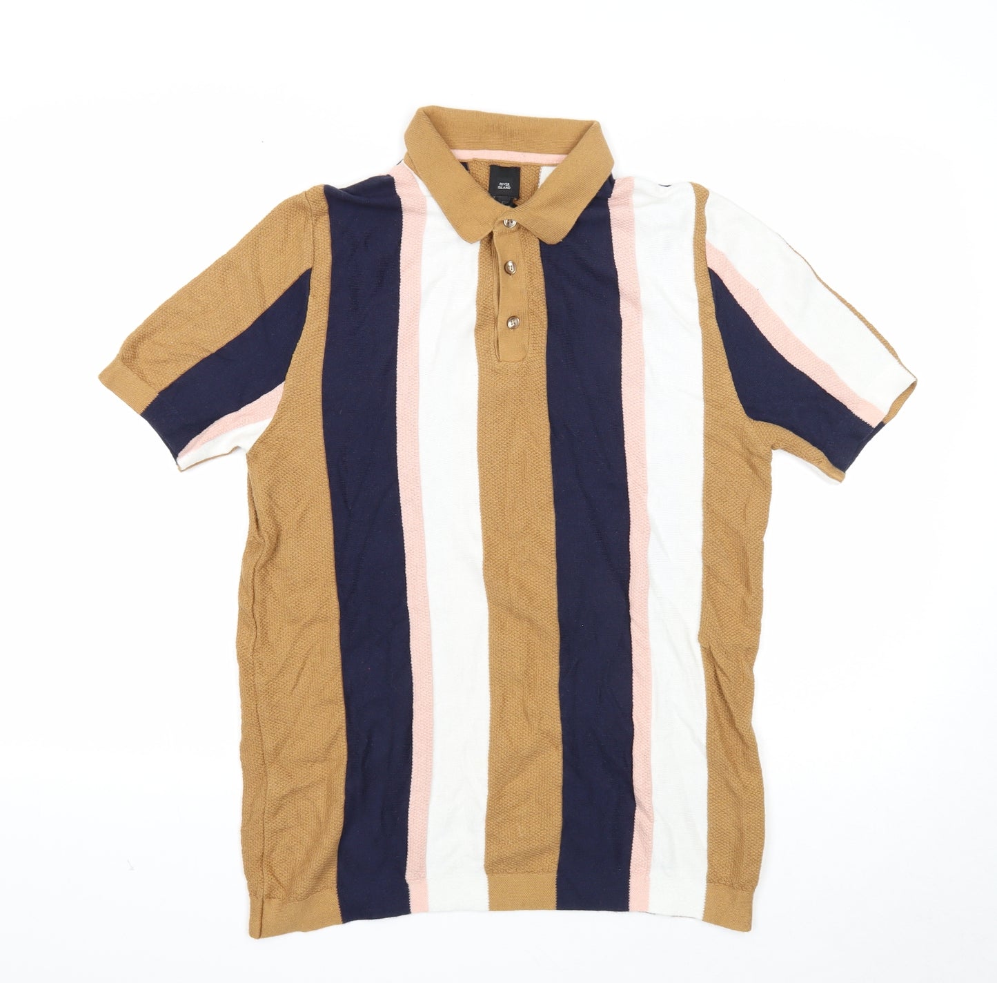 River Island Mens Brown Striped Cotton Polo Size M Collared Button