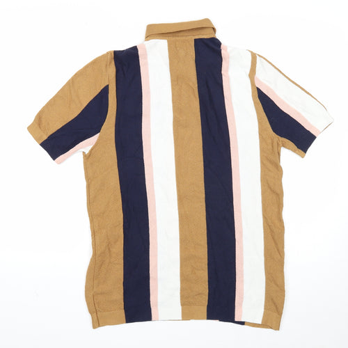 River Island Mens Brown Striped Cotton Polo Size M Collared Button