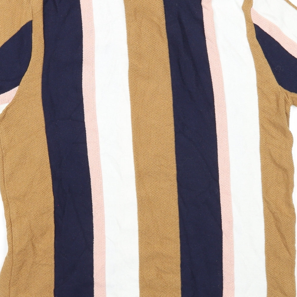 River Island Mens Brown Striped Cotton Polo Size M Collared Button
