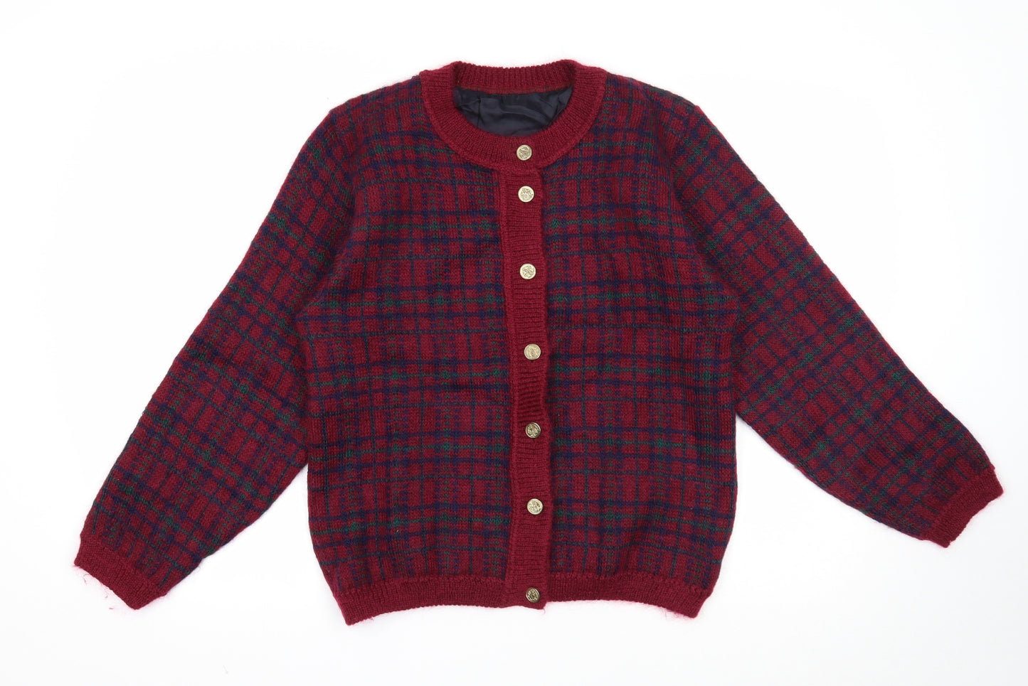 Preworn Womens Purple Round Neck Plaid Mohair Cardigan Jumper Size S