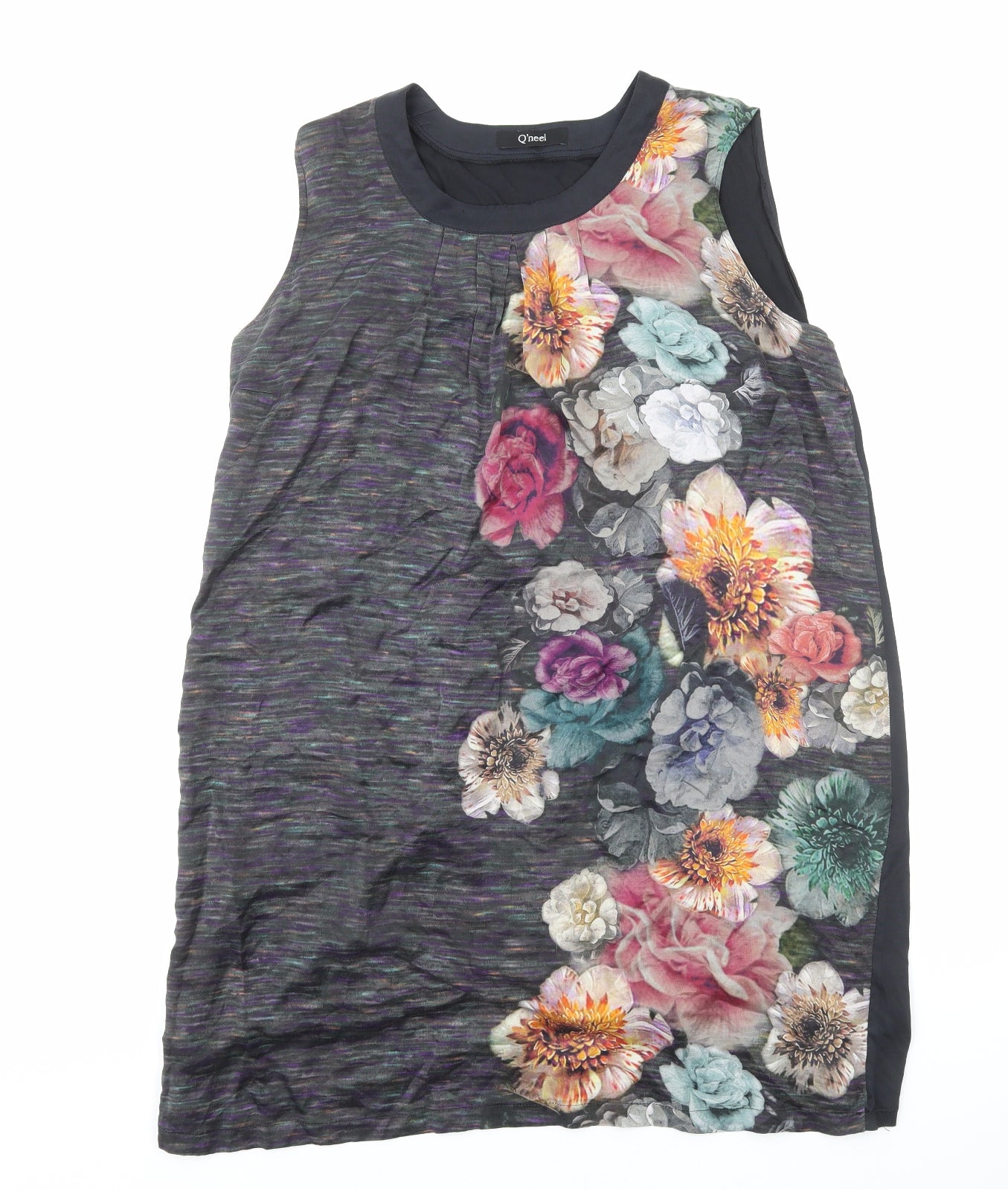 Q'neel Womens Black Floral Polyester Tank Dress Size L Round Neck Pullover