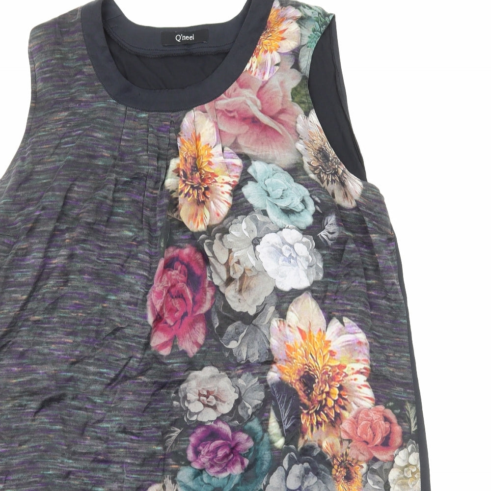 Q'neel Womens Black Floral Polyester Tank Dress Size L Round Neck Pullover